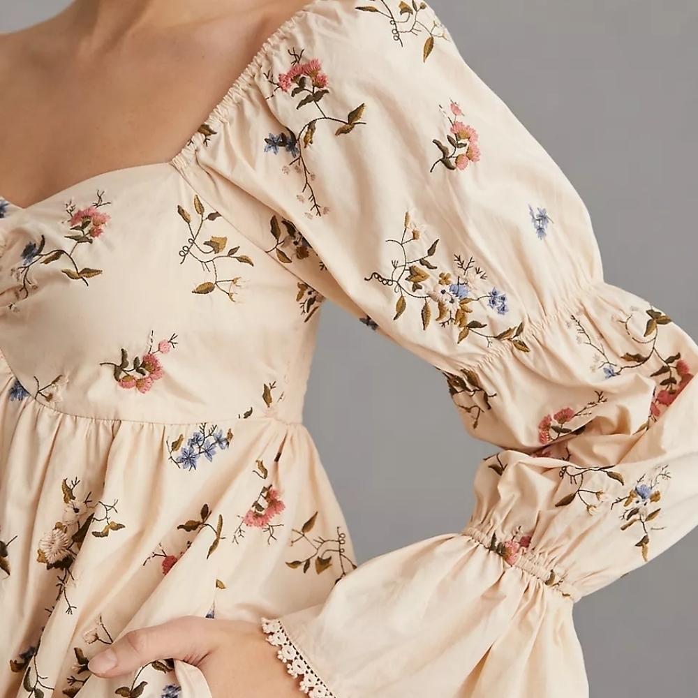 Anthropologie Cream Floral Long Sleeve Dress - Picture 3 of 9